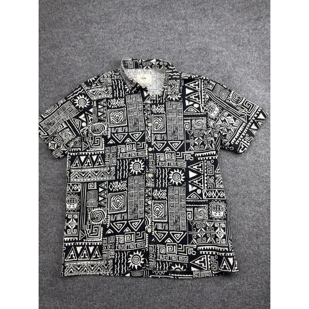 Folk Shirt Mens Large Black White Short Sleeve Button Up Geometric Print Aztec